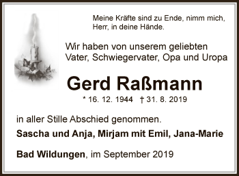 Traueranzeige von Gerd Raßmann von WLZ