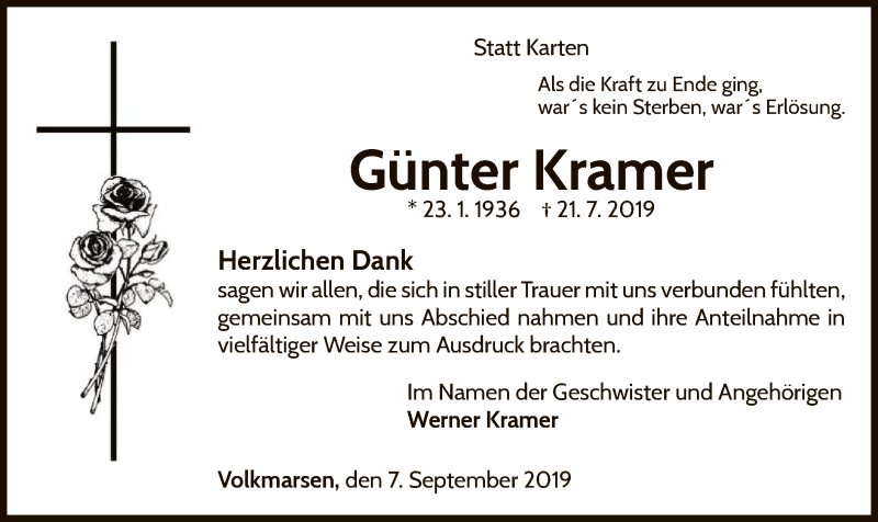 Traueranzeige für Günter Kramer vom 07.09.2019 aus WLZ