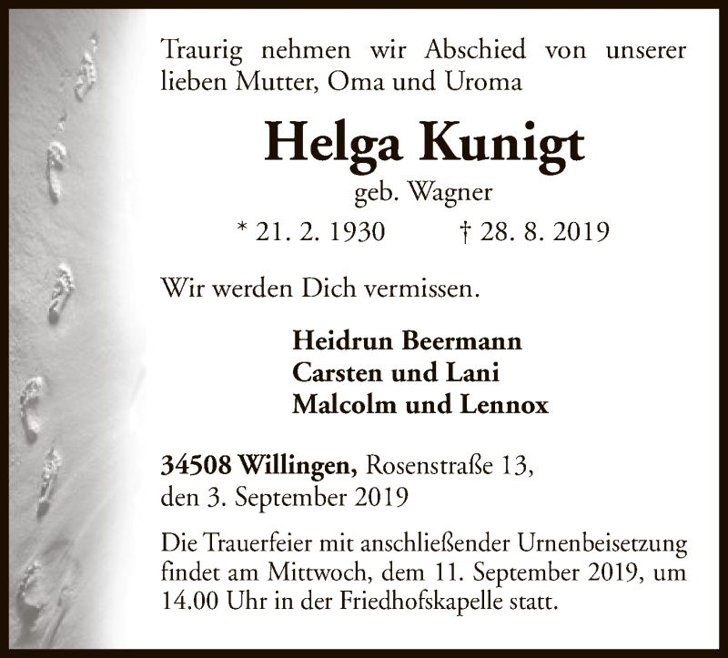  Traueranzeige für Helga Kunigt vom 03.09.2019 aus WLZ