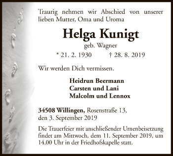 Traueranzeige von Helga Kunigt von WLZ