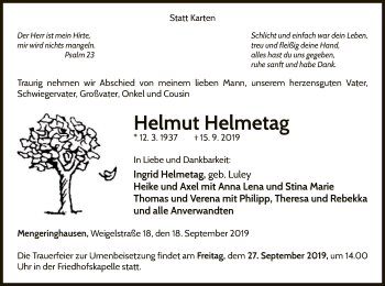 Traueranzeige von Helmut Helmetag von WLZ