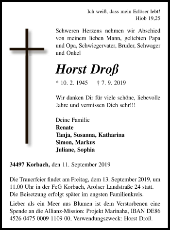 Traueranzeige von Horst Droß von WLZ