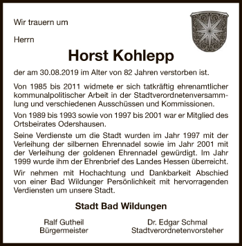 Traueranzeige von Horst Kohlepp von WLZ