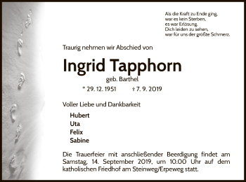Traueranzeige von Ingrid Tapphorn von WLZ