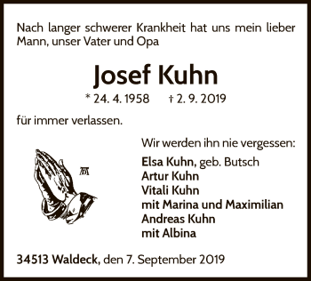 Traueranzeige von Josef Kuhn von WLZ