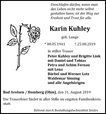 Traueranzeige von Karin Kuhley von WLZ