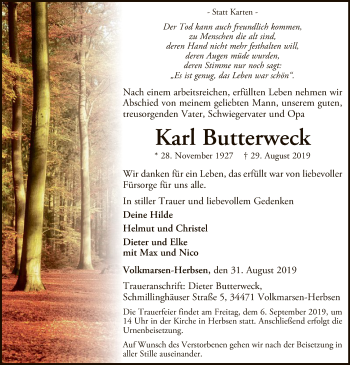 Traueranzeige von Karl Butterweck von WLZ