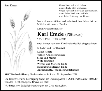 Traueranzeige von Karl Emde von WLZ