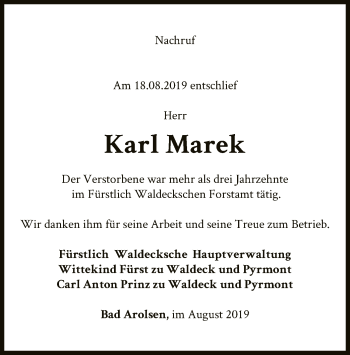 Traueranzeige von Karl Marek von WLZ