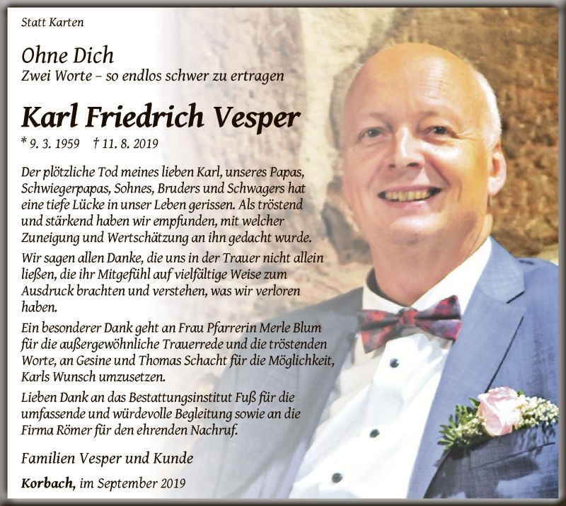 Traueranzeige für Karl Friedrich Vesper vom 14.09.2019 aus WLZ