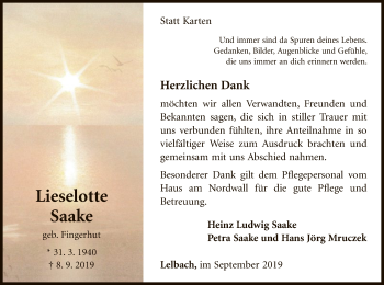 Traueranzeige von Lieselotte Saake von WLZ