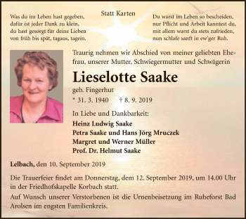 Traueranzeige von Lieselotte Saake von WLZ