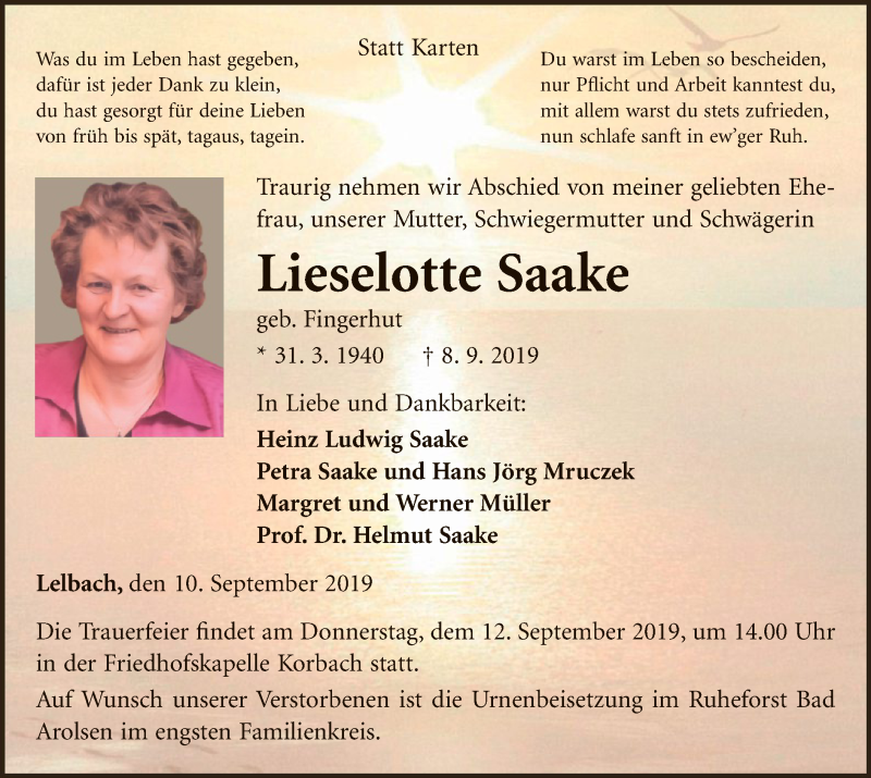  Traueranzeige für Lieselotte Saake vom 10.09.2019 aus WLZ