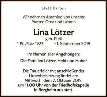 Traueranzeige von Lina Lötzer von WLZ