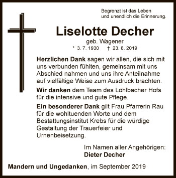 Traueranzeige von Liselotte Decher von WLZ
