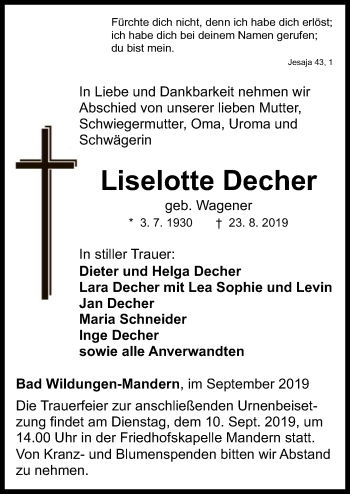 Traueranzeige von Liselotte Decher von WLZ