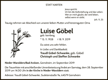 Traueranzeige von Luise Göbel von WLZ