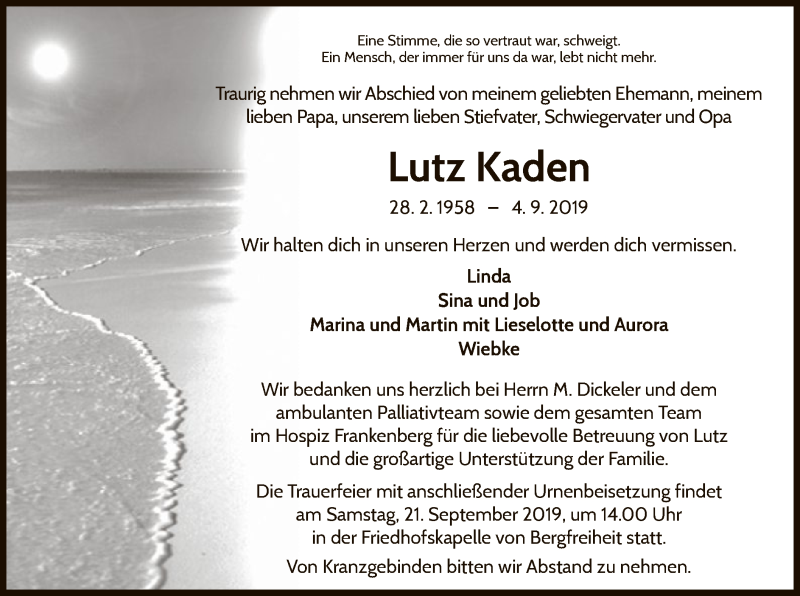  Traueranzeige für Lutz Kaden vom 14.09.2019 aus WLZ