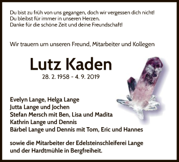 Traueranzeige von Lutz Kaden von WLZ