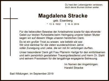 Traueranzeige von Magdalena Stracke von WLZ