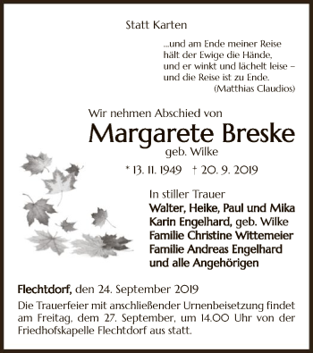 Traueranzeige von Margarete Breske von WLZ