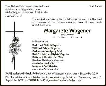 Traueranzeige von Margarete Wagener von WLZ