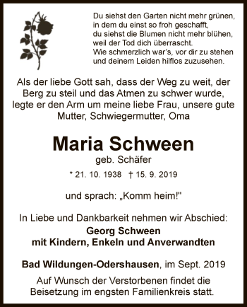 Traueranzeige von Maria Schween von WLZ