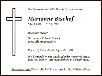 Traueranzeige von Marianne Bischof von WLZ