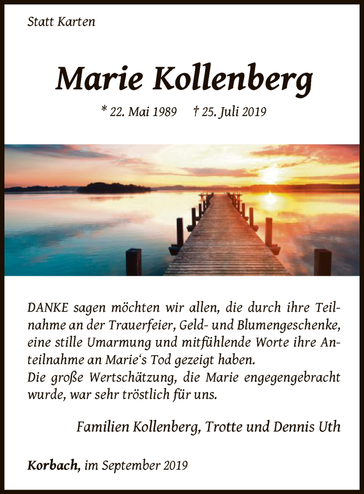 Traueranzeige für Marie Kollenberg vom 07.09.2019 aus WLZ