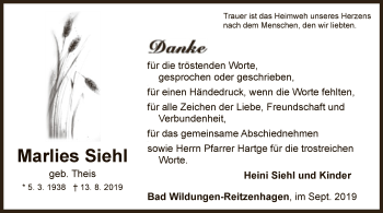 Traueranzeige von Marlies Siehl von WLZ