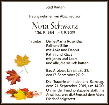 Traueranzeige von Nina Schwarz von WLZ