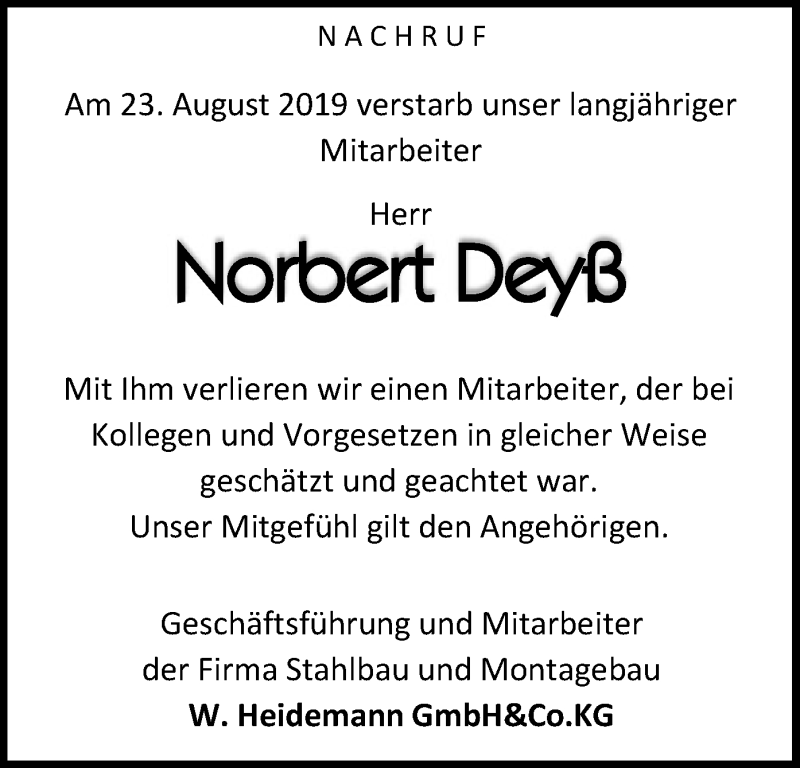  Traueranzeige für Norbert Deyß vom 31.08.2019 aus WLZ