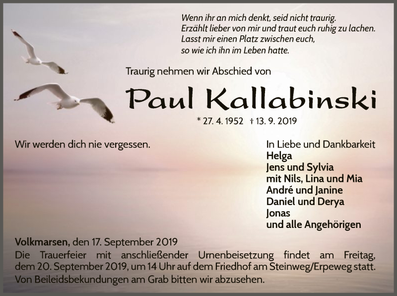  Traueranzeige für Paul Kallabinski vom 17.09.2019 aus WLZ