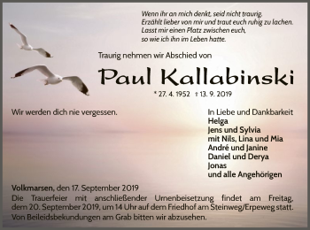 Traueranzeige von Paul Kallabinski von WLZ