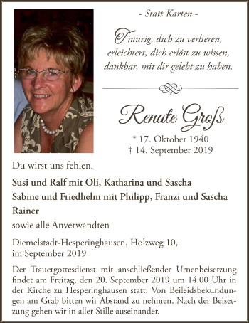 Traueranzeige von Renate Groß von WLZ