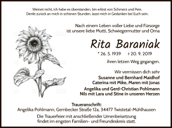 Traueranzeige von Rita Baraniak von WLZ