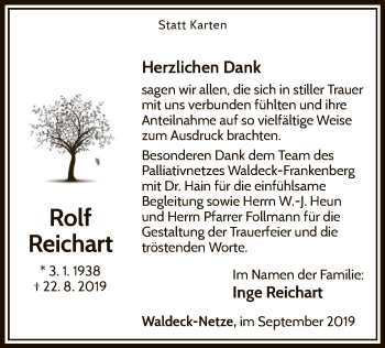 Traueranzeige von Rolf Reichart von WLZ