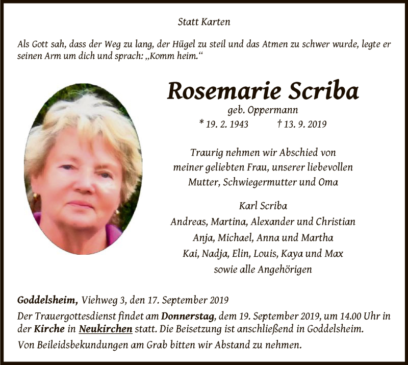  Traueranzeige für Rosemarie Scriba vom 17.09.2019 aus WLZ