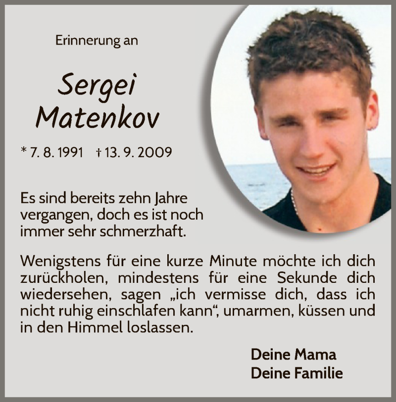  Traueranzeige für Sergei Matenkov vom 13.09.2019 aus WLZ
