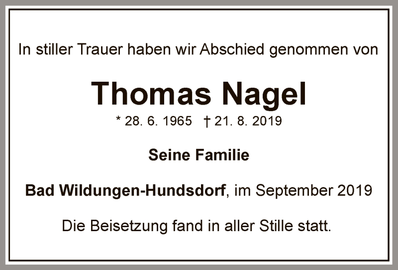  Traueranzeige für Thomas Nagel vom 07.09.2019 aus WLZ
