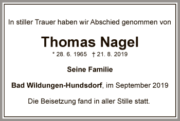 Traueranzeige von Thomas Nagel von WLZ