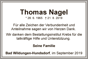 Traueranzeige von Thomas Nagel von WLZ