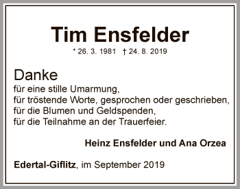 Traueranzeige von Tim Ensfelder von WLZ
