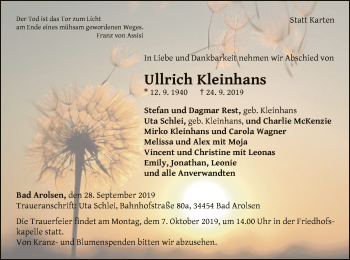Traueranzeige von Ullrich Kleinhans von WLZ
