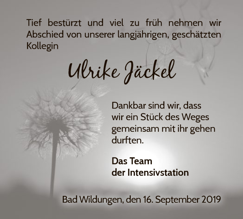  Traueranzeige für Ulrike Jäckel vom 16.09.2019 aus WLZ