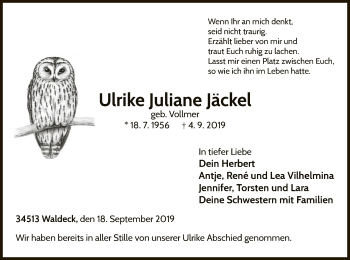 Traueranzeige von Ulrike Juliane Jäckel von WLZ