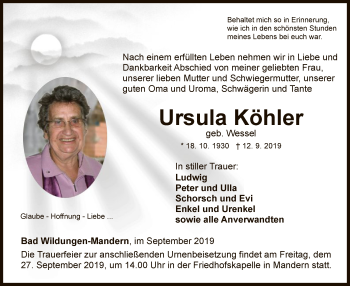 Traueranzeige von Ursula Köhler von WLZ