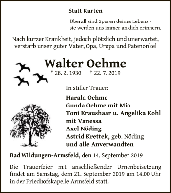 Traueranzeige von Walter Oehme von WLZ