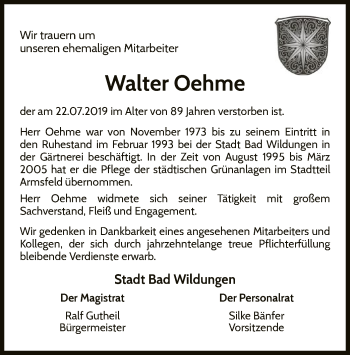 Traueranzeige von Walter Oehme von WLZ