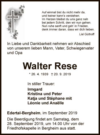 Traueranzeige von Walter Rese von WLZ